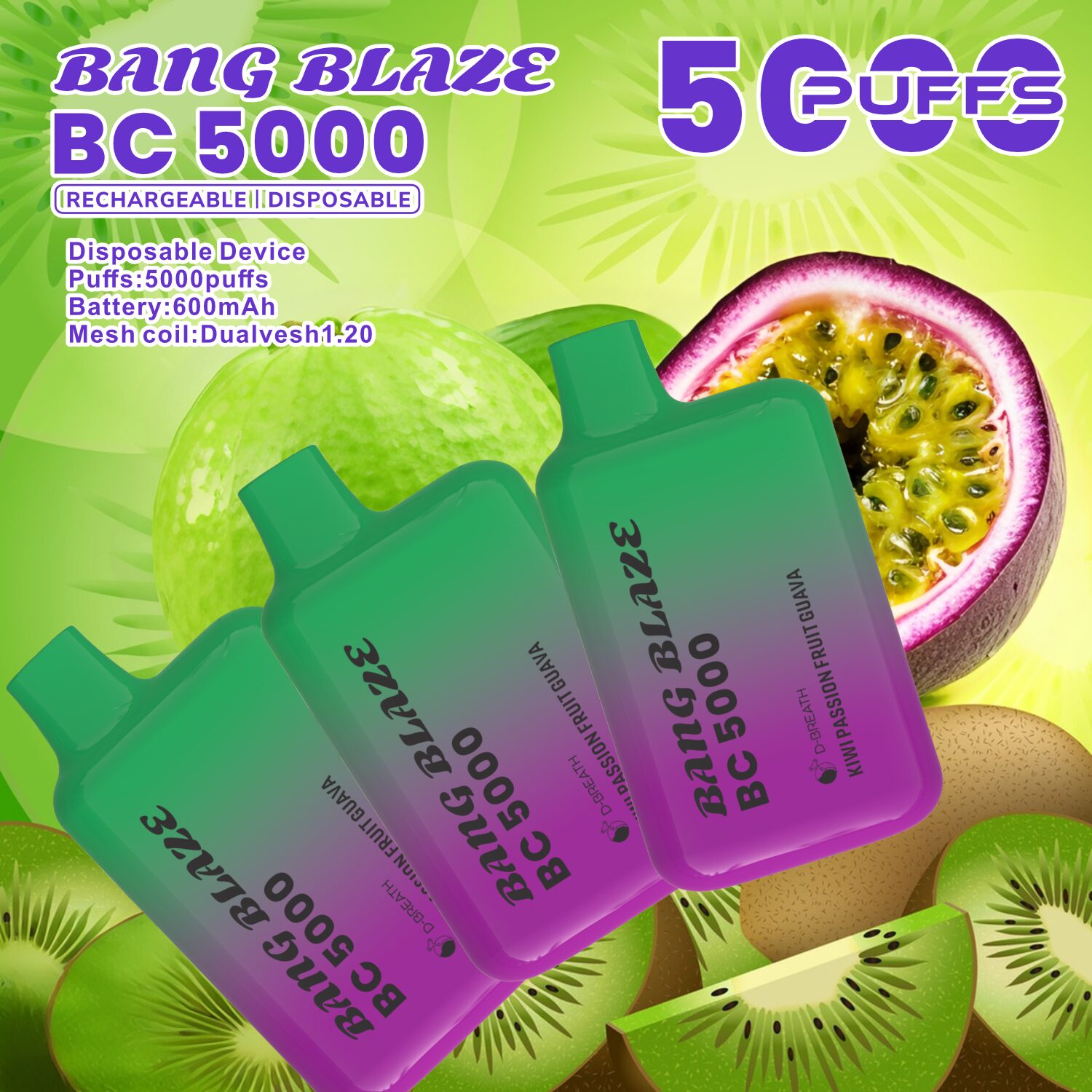 Bang Blaze BC5000 5K Puffs 2% 3% 5% Disposable Vape in Kiwi Passion Fruit Guava flavor