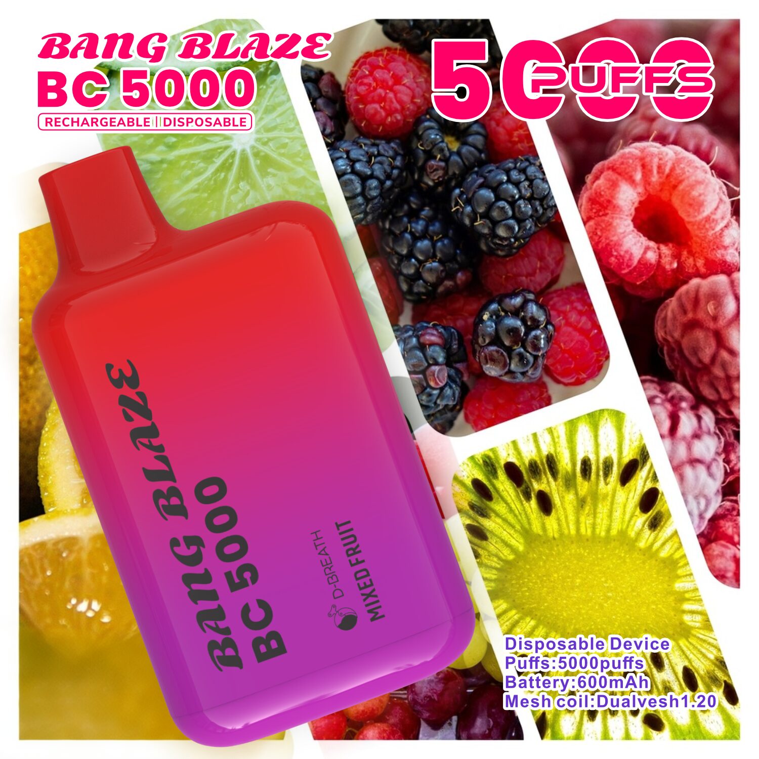 Bang Blaze BC5000 5K Puffs 2% 3% 5% Disposable Vape in Mixed Fruit flavor