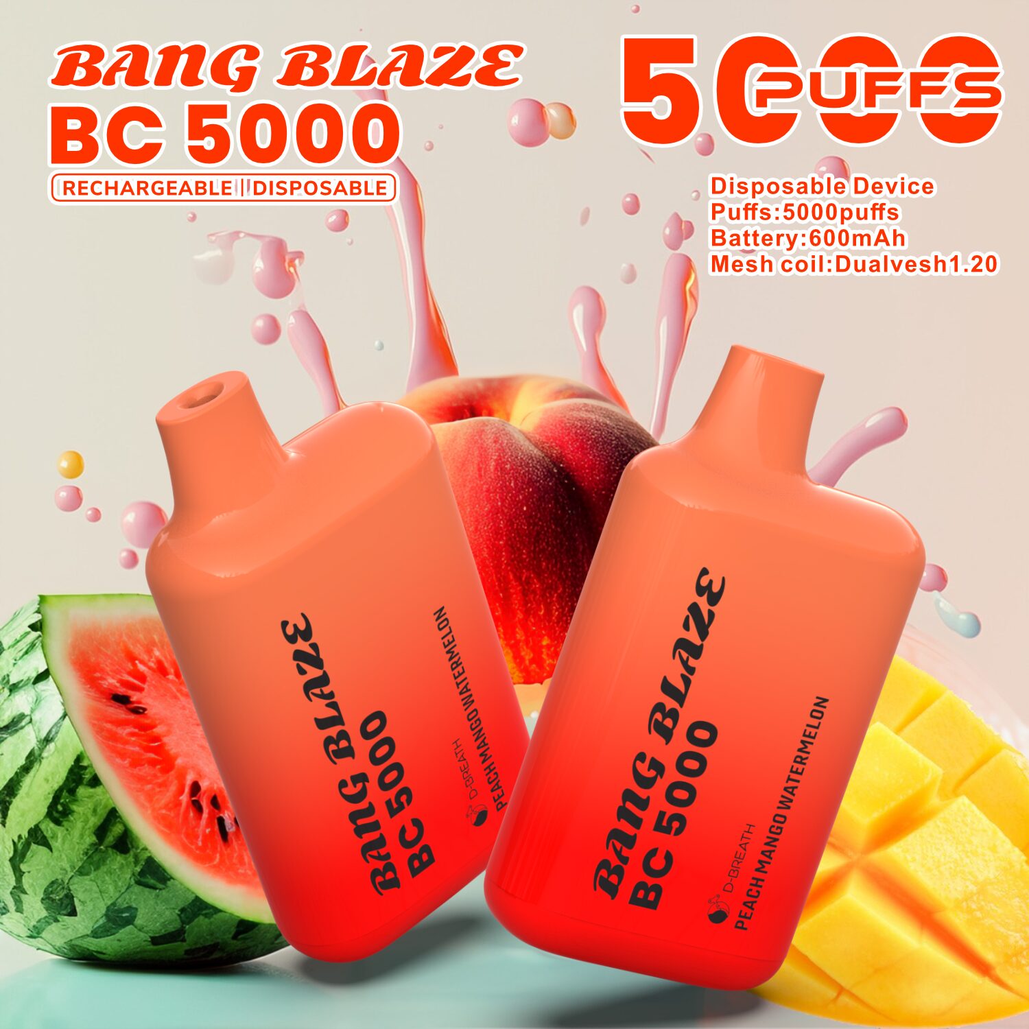 Bang Blaze BC5000 5K Puffs 2% 3% 5% Disposable Vape in Peach Mango Watermelon flavor