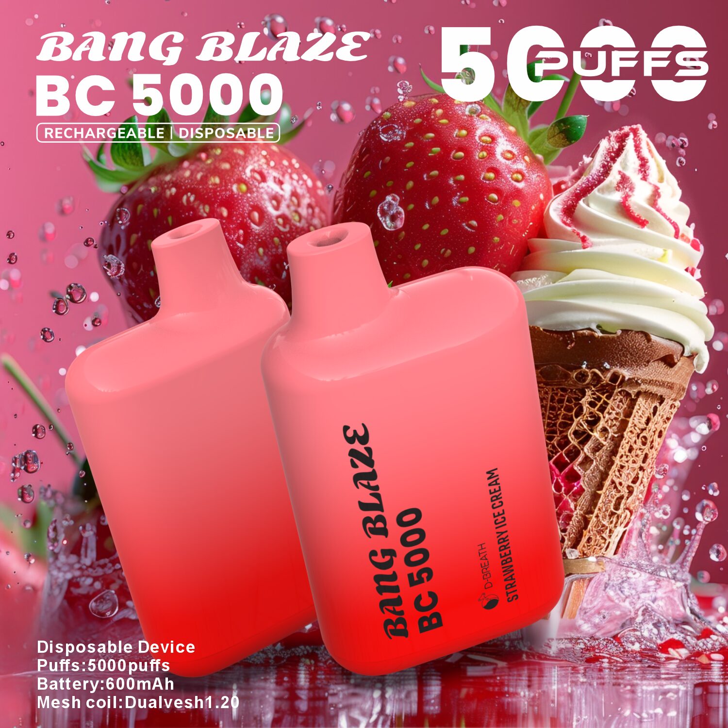 Bang Blaze BC5000 5K Puffs 2% 3% 5% Disposable Vape in Strawberry Ice Cream flavor