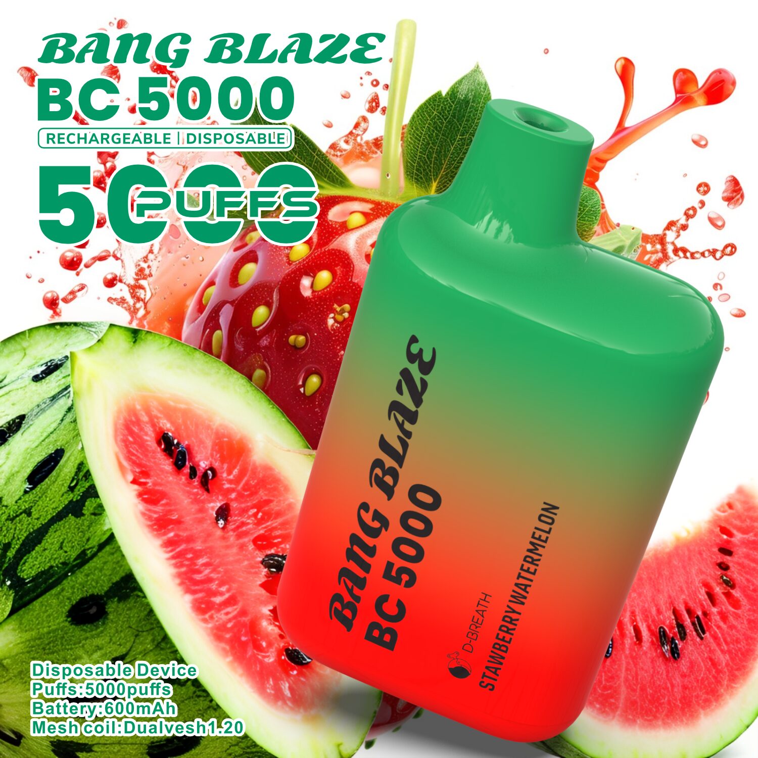 Bang Blaze BC5000 5K Puffs 2% 3% 5% Disposable Vape in Strawberry Kiwi flavor