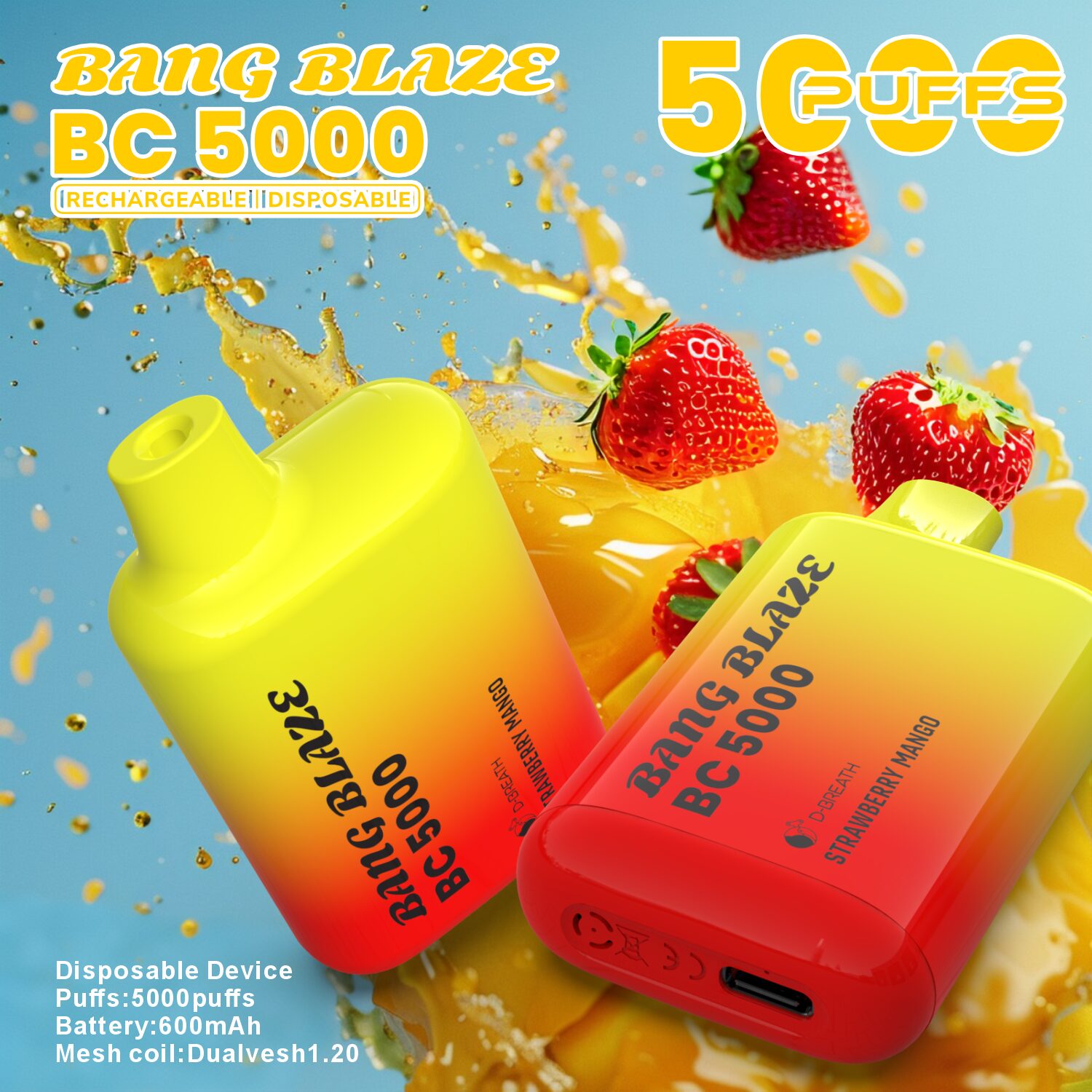 Bang Blaze BC5000 5K Puffs 2% 3% 5% Disposable Vape in Strawberry Mango flavor