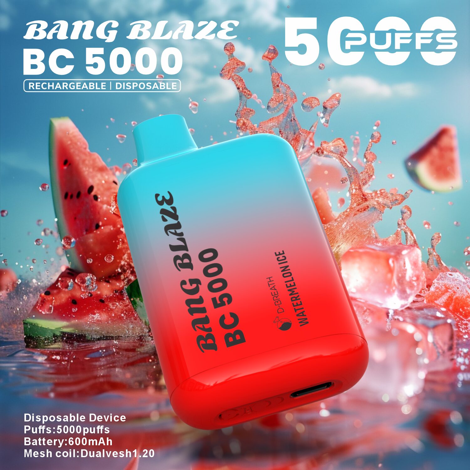Bang Blaze BC5000 5K Puffs 2% 3% 5% Disposable Vape in Watermelon Ice flavor