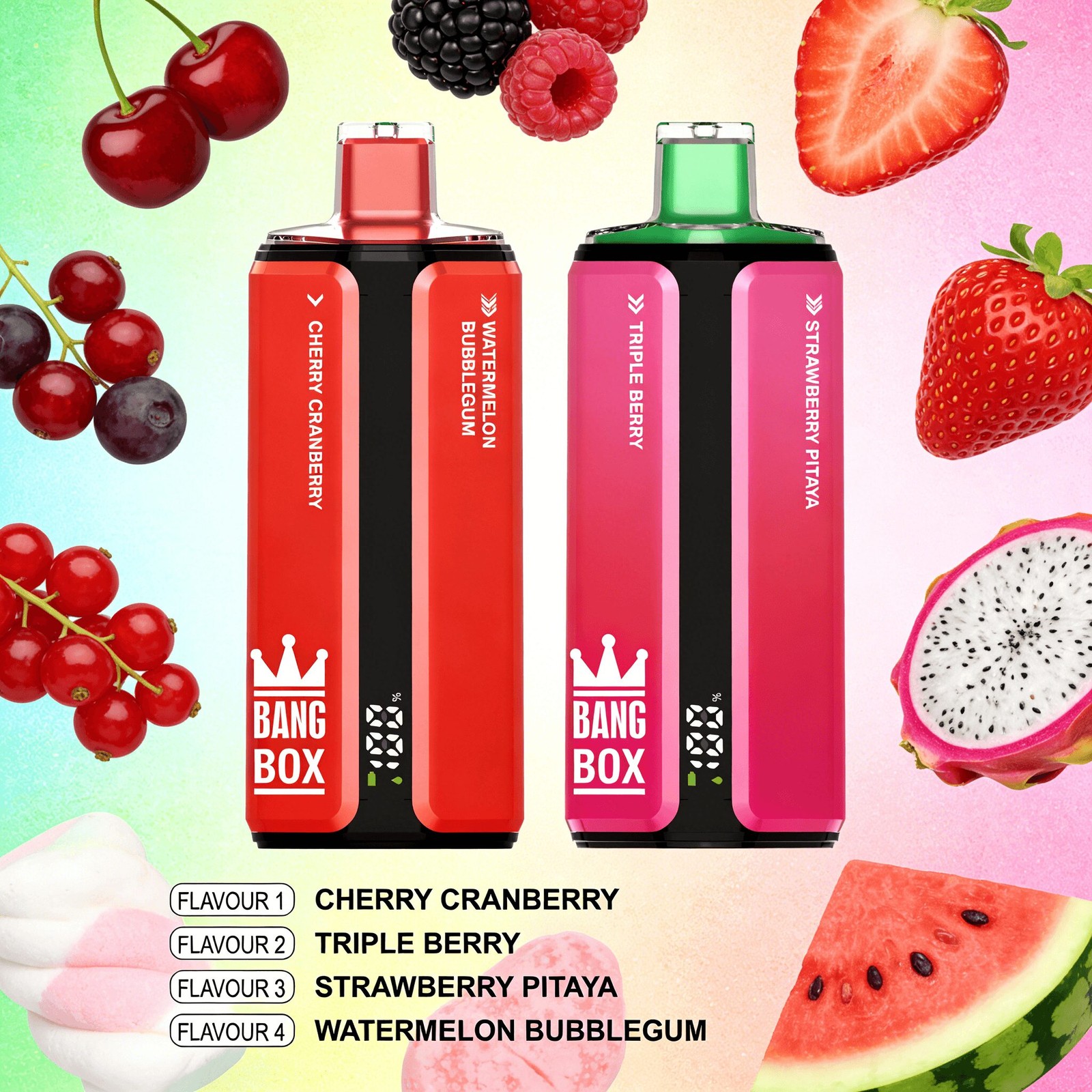Bang Box 160000 160K Puffs 4 In 1 Flavors Rechargeable LED Display Disposable Vape in Cherry Cranberry & Triple Berry & Strawberry Pitaya & Watermelon