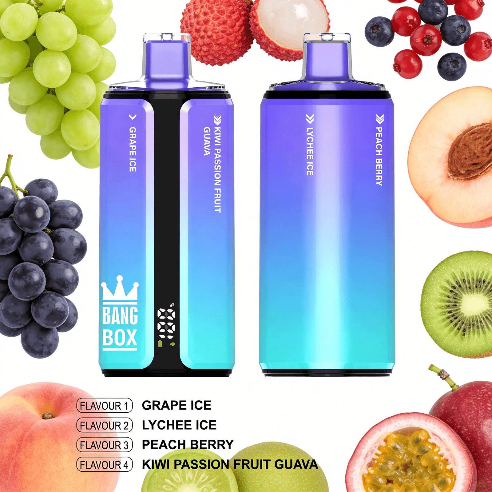 Bang Box 160000 160K Puffs 4 In 1 Flavors Rechargeable LED Display Disposable Vape in Grape Ice & Lychee Ice & Peach Berry & Kiwi Passion Fruit Guava