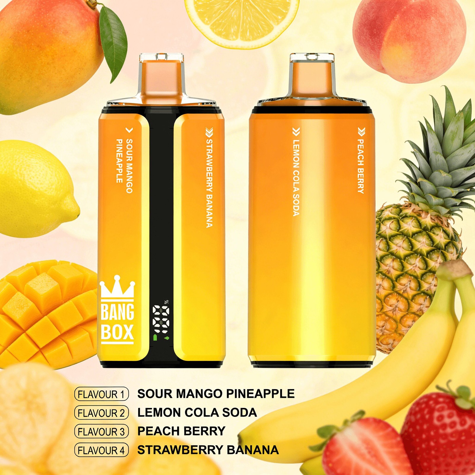 Bang Box 160000 160K Puffs 4 In 1 Flavors Rechargeable LED Display Disposable Vape in Sour Mango Pineapple & Lemon Cola Soda & Peach Berry & Strawberry