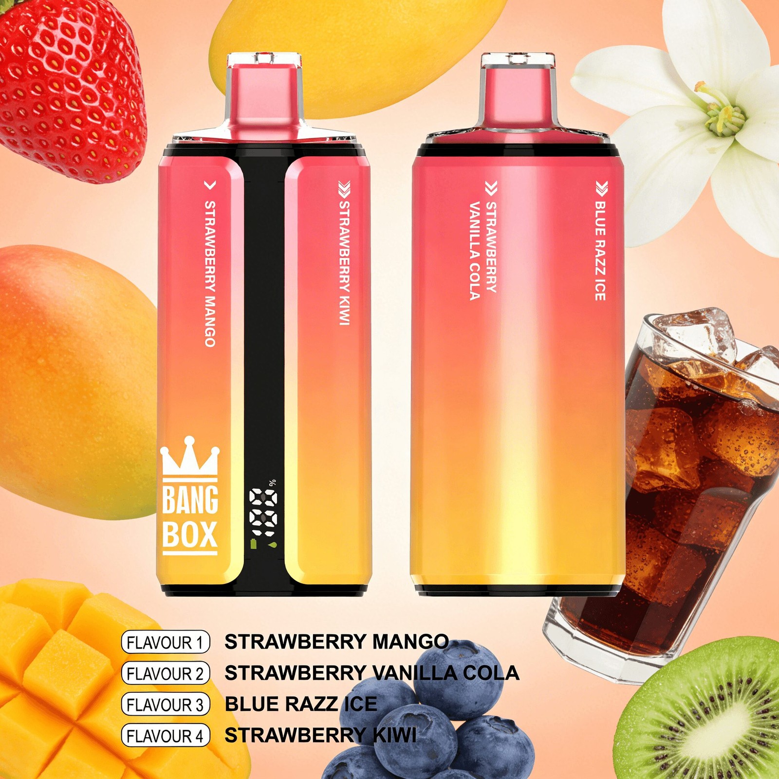 Bang Box 160000 160K Puffs 4 In 1 Flavors Rechargeable LED Display Disposable Vape in Strawberry Mango & Strawberry Vanilla Cola & Blue Razz Ice &