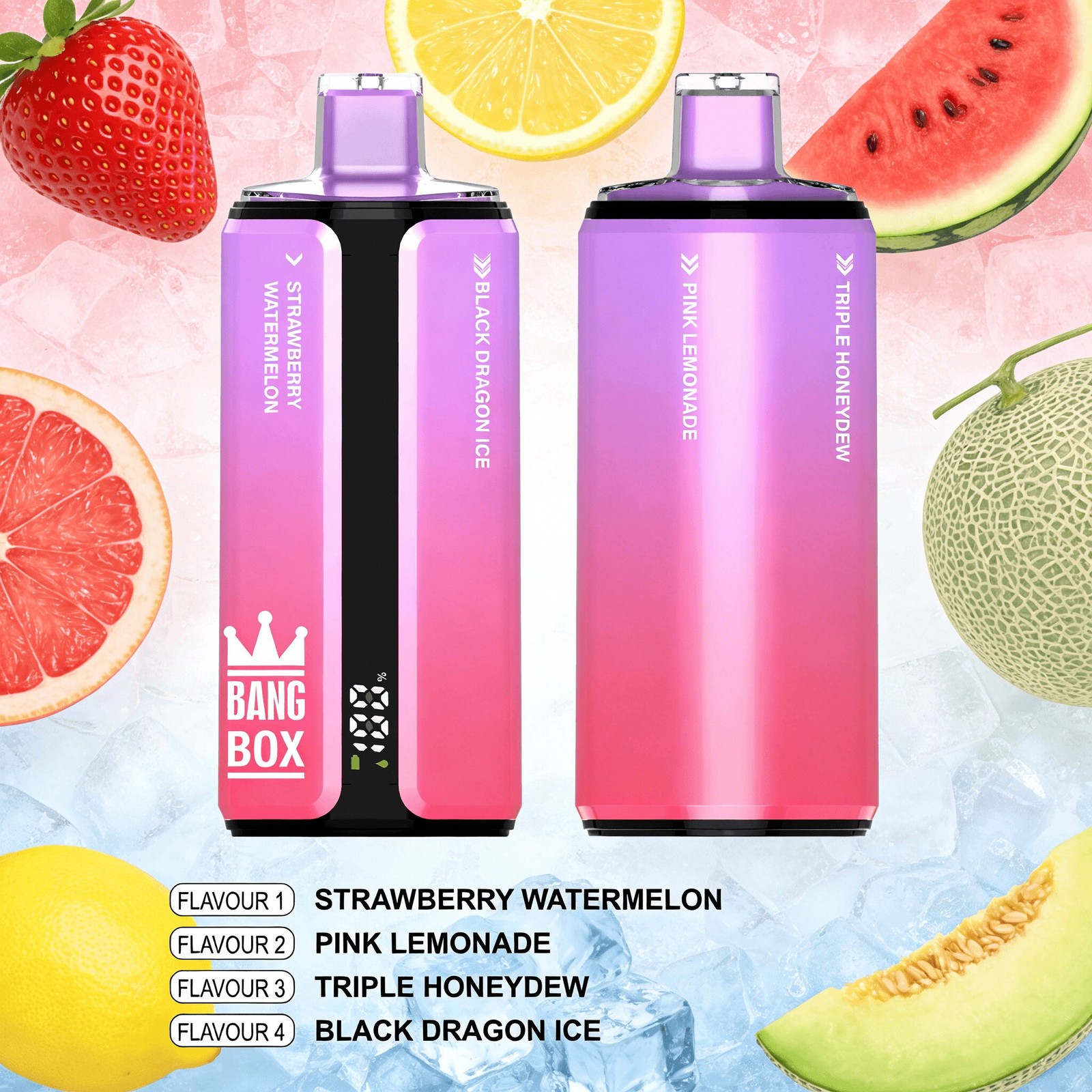 Bang Box 160000 160K Puffs 4 In 1 Flavors Rechargeable LED Display Disposable Vape in Strawberry Watermelon & Pink Lemonade & Triple Honeydew & Black