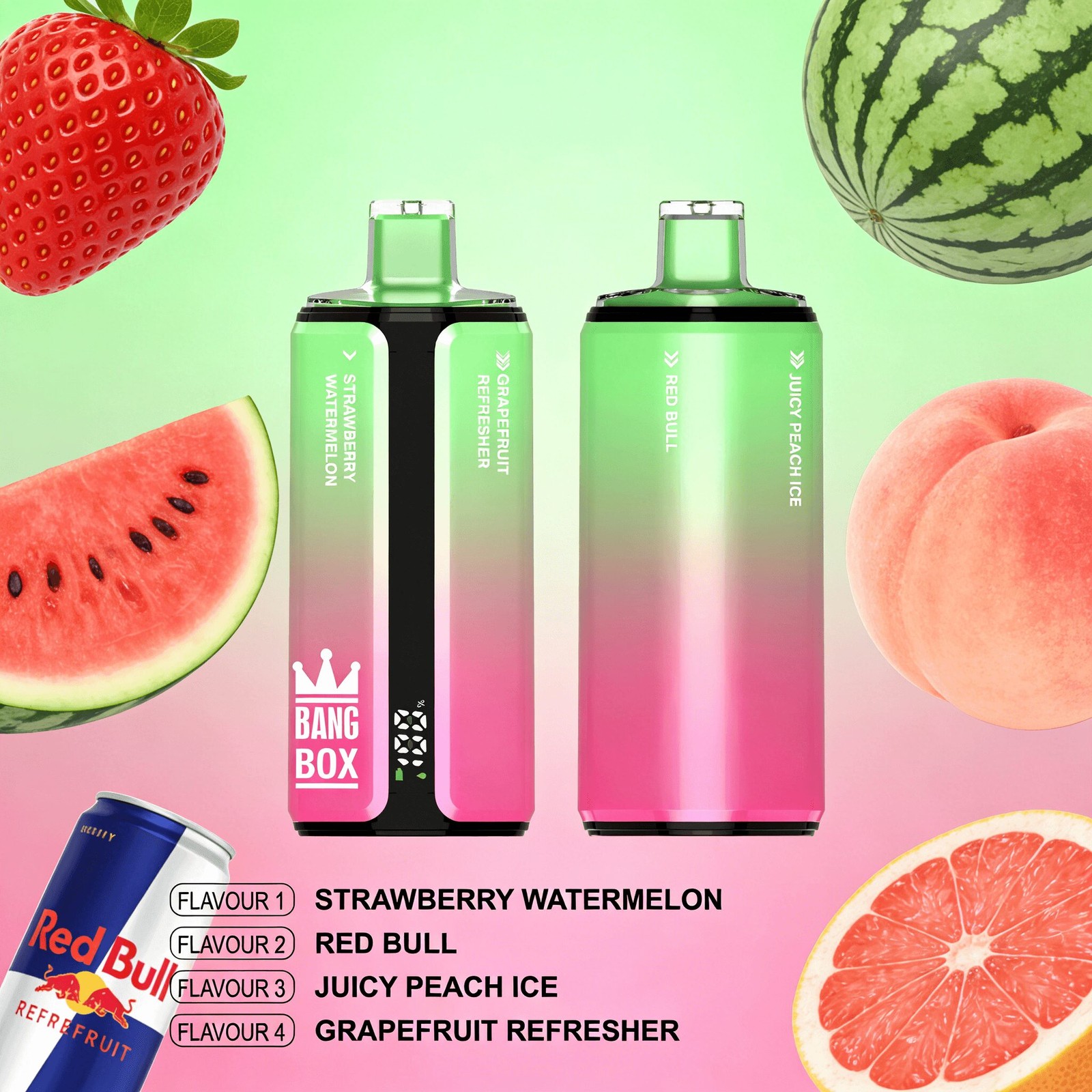 Bang Box 160000 160K Puffs 4 In 1 Flavors Rechargeable LED Display Disposable Vape in Strawberry Watermelon & Red Bull & Juicy Peach Ice & Grapefruit