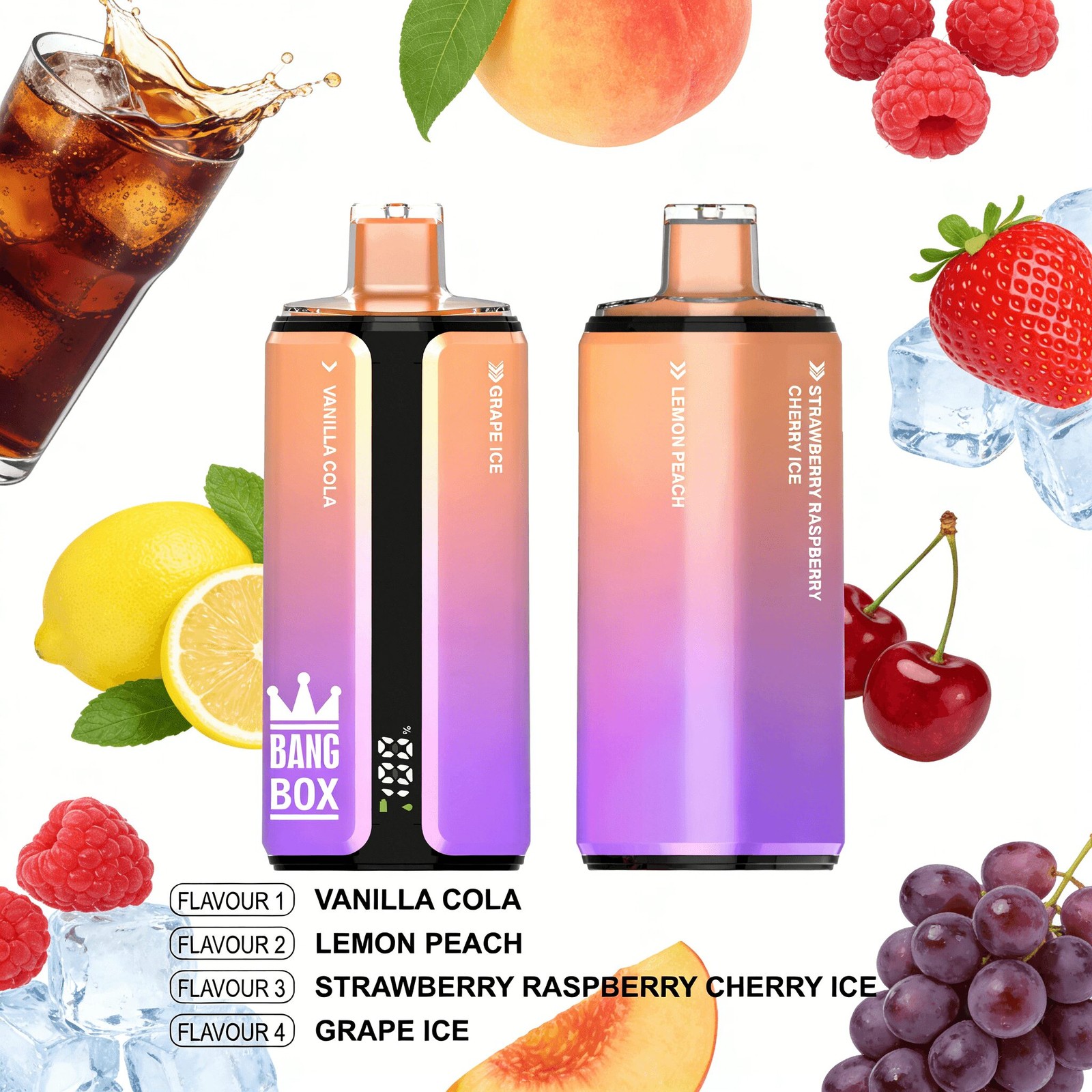Bang Box 160000 160K Puffs 4 In 1 Flavors Rechargeable LED Display Disposable Vape in Vanilla Cola & Lemon Peach & Strawberry Raspberry Cherry Ice & Grape