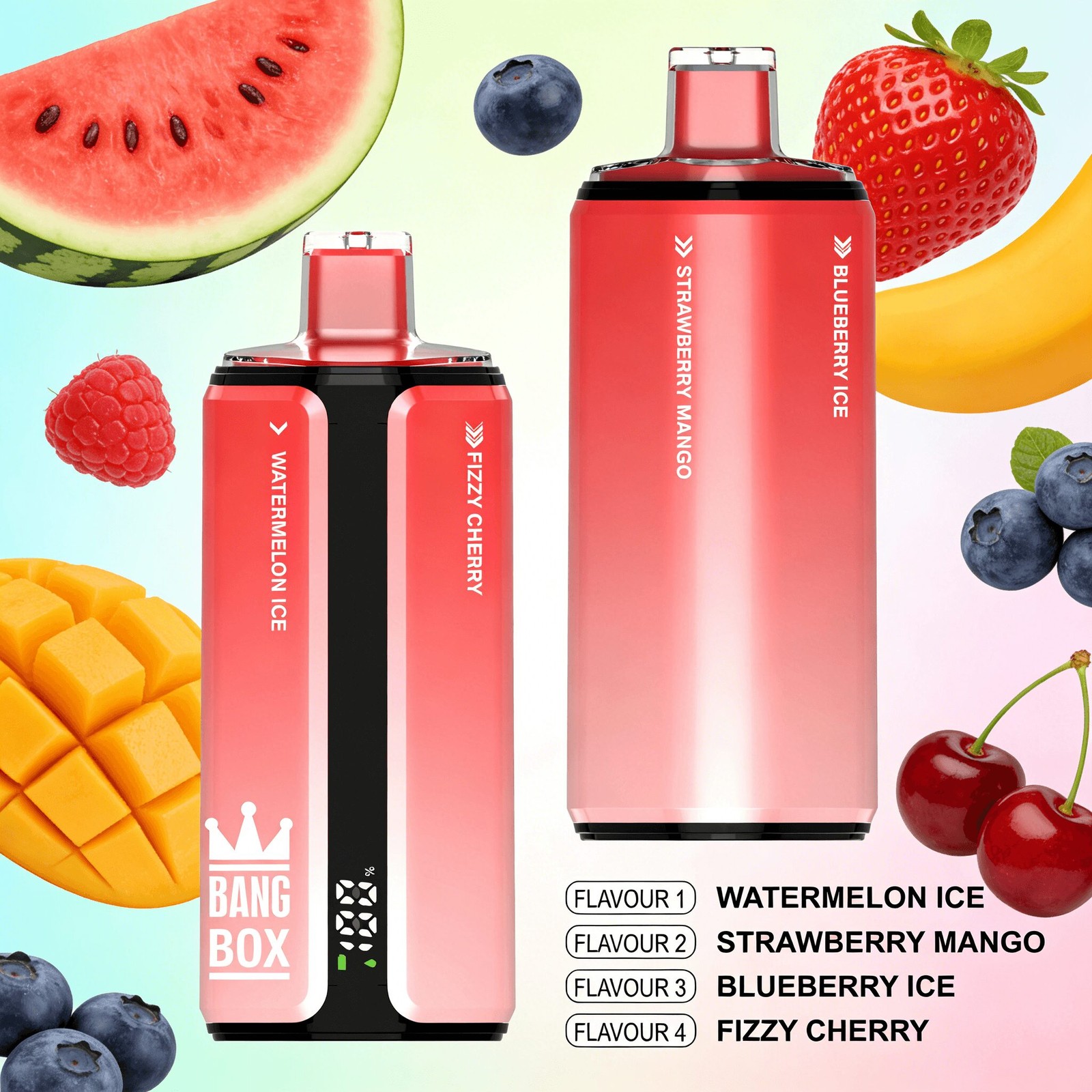 Bang Box 160000 160K Puffs 4 In 1 Flavors Rechargeable LED Display Disposable Vape in Watermelon Ice & Strawberry Mango & Blueberry Ice & Fizzy Cherry