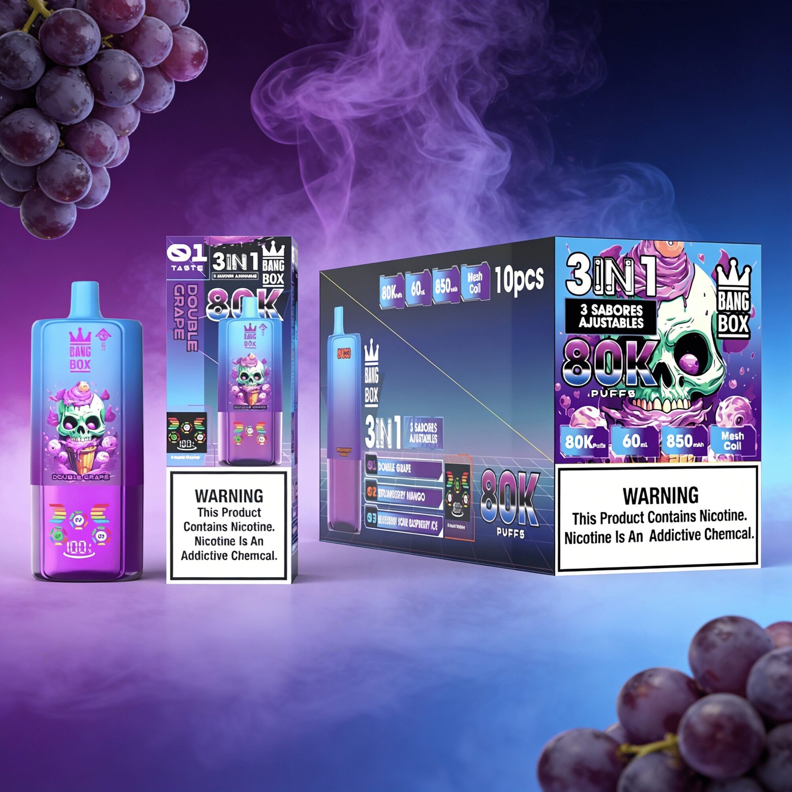 Bang Box 80000 80K Puffs 3 In 1 Flavors Rechargeable LED Display Disposable Vape in Double Grape & Strawberry Mango & Blueberry Sour Raspberry Ice flavor
