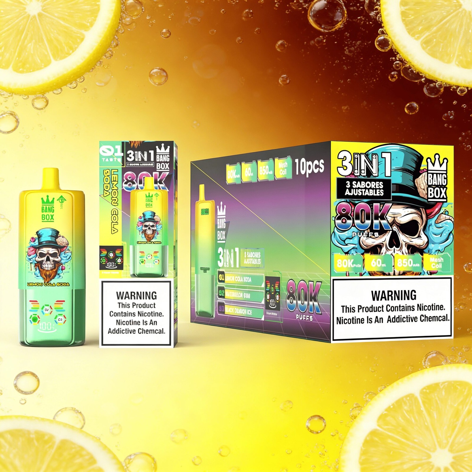 Bang Box 80000 80K Puffs 3 In 1 Flavors Rechargeable LED Display Disposable Vape in Lemon Cola Soda & Watermelon Gum & Black Dragon Ice flavor