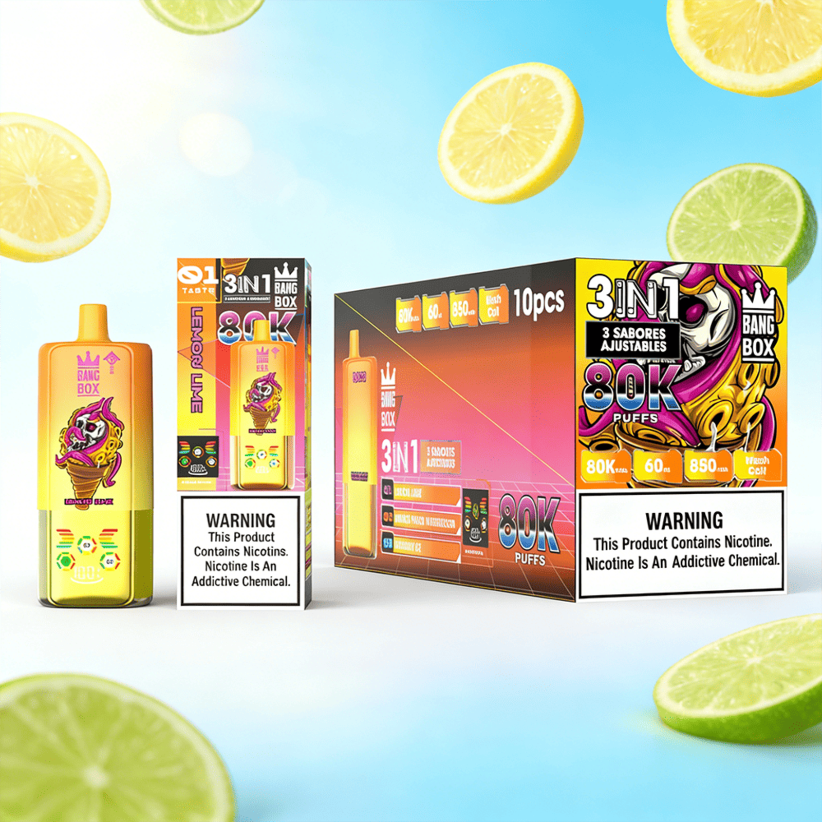 Bang Box 80000 80K Puffs 3 In 1 Flavors Rechargeable LED Display Disposable Vape in Lemon Lime & Mango Peach Watermelon & Blueberry Ice flavor