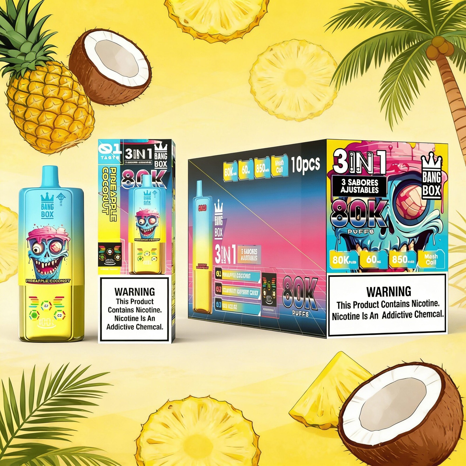 Bang Box 80000 80K Puffs 3 In 1 Flavors Rechargeable LED Display Disposable Vape in Pineapple Coconut & Strawberry Ice & Blue Razz Ice flavor