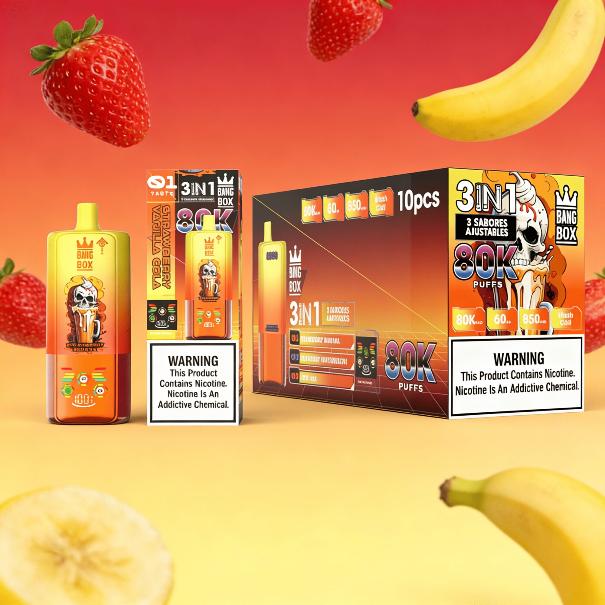 Bang Box 80000 80K Puffs 3 In 1 Flavors Rechargeable LED Display Disposable Vape in Strawberry Banana & Raspberry Watermelon & Love 666 flavor