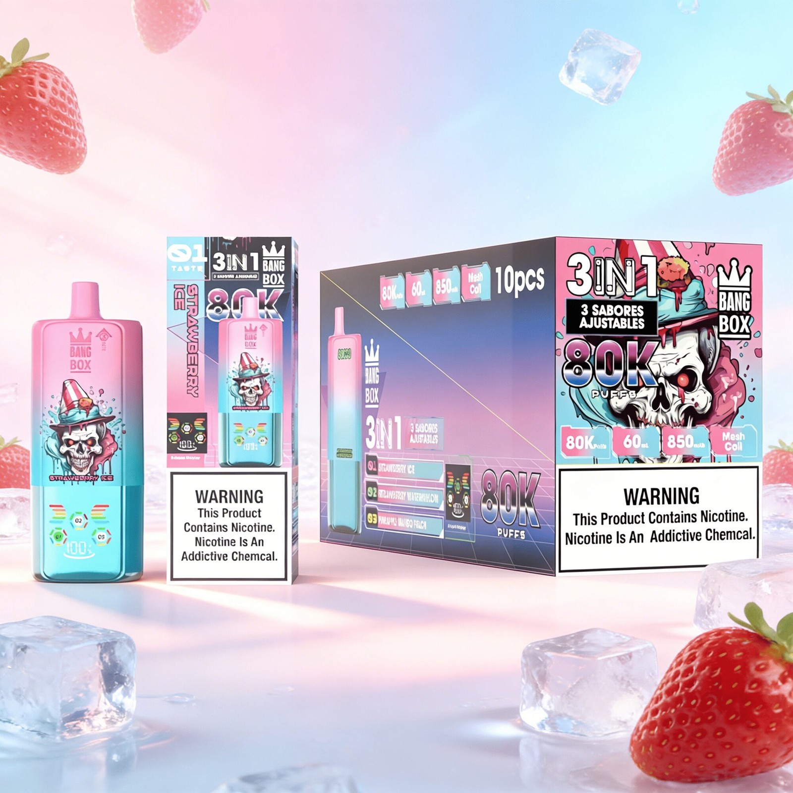 Bang Box 80000 80K Puffs 3 In 1 Flavors Rechargeable LED Display Disposable Vape in Strawberry Ice & Strawberry Watermelon & Pineapple Mango Peach flavor