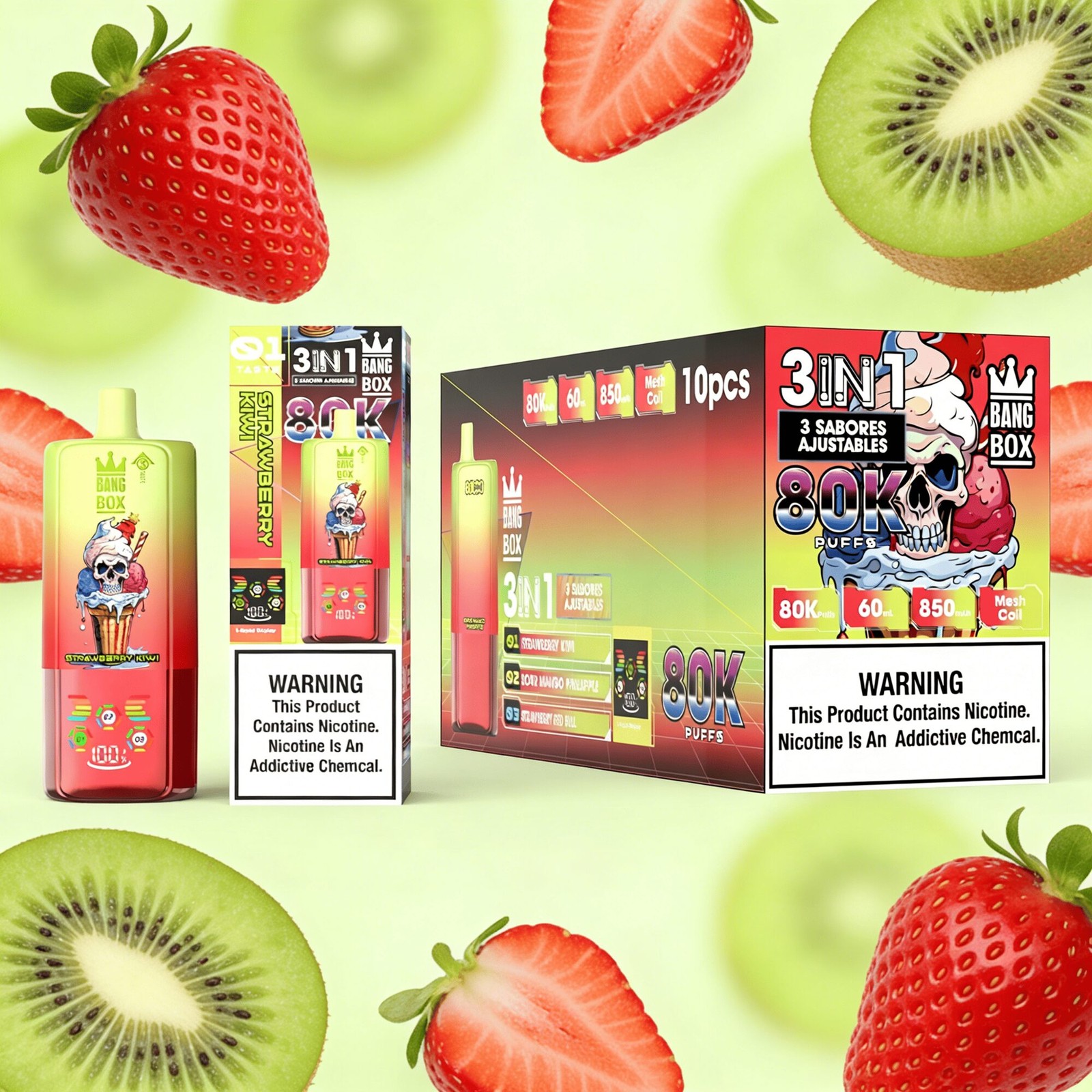 Bang Box 80000 80K Puffs 3 In 1 Flavors Rechargeable LED Display Disposable Vape in Strawberry Kiwi & Sour Mango Pineapple & Strawberry Red Bull flavor