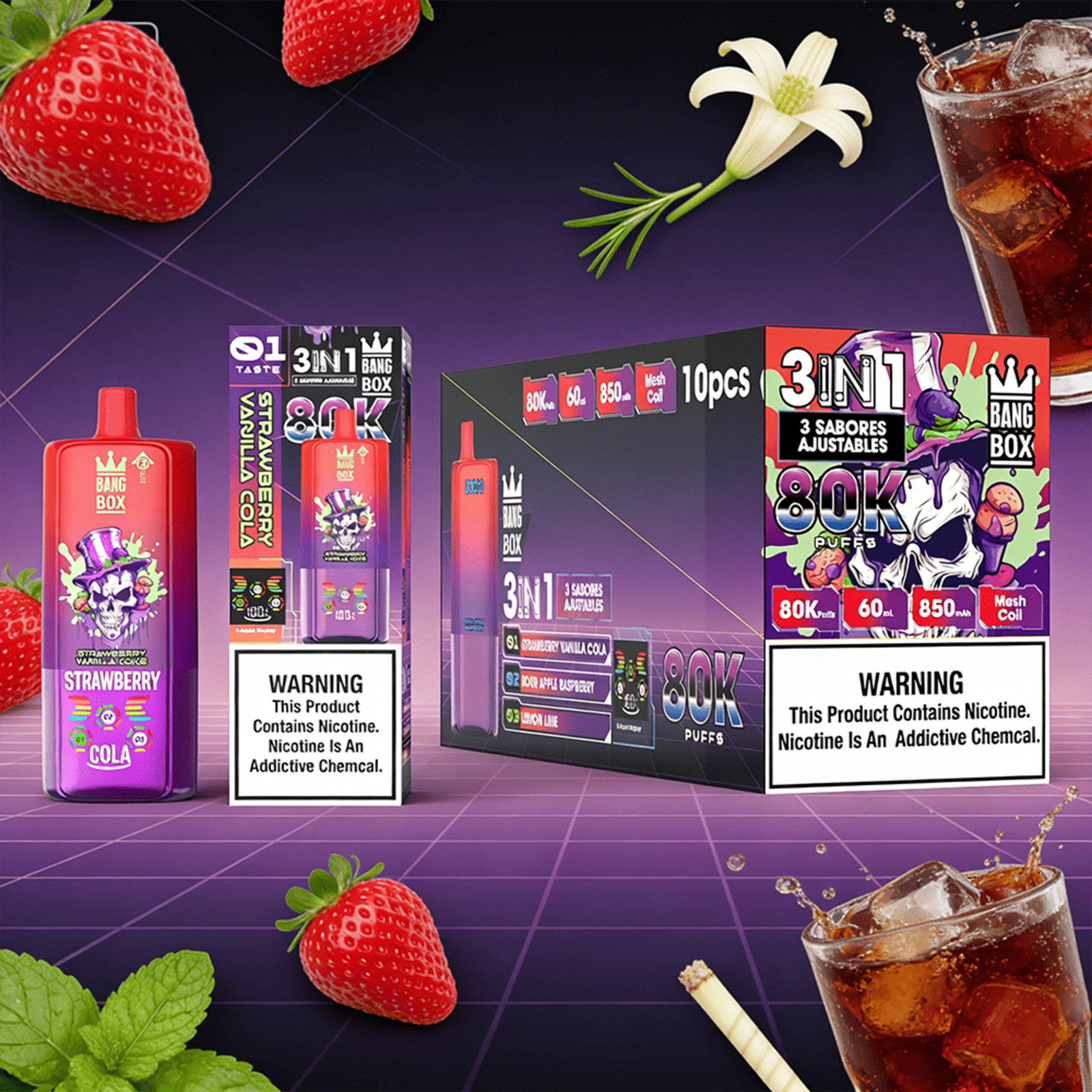 Bang Box 80000 80K Puffs 3 In 1 Flavors Rechargeable LED Display Disposable Vape in Strawberry Vanilla Cola & Sour Apple Raspberry & Lemon Lime flavor