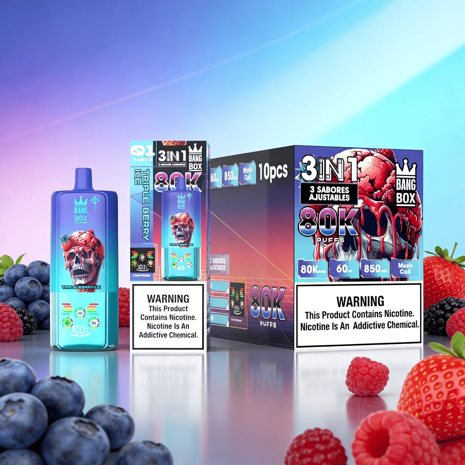 Bang Box 80000 80K Puffs 3 In 1 Flavors Rechargeable LED Display Disposable Vape in Triple Berry Ice & Mango Peach & Strawberry Kiwi flavor