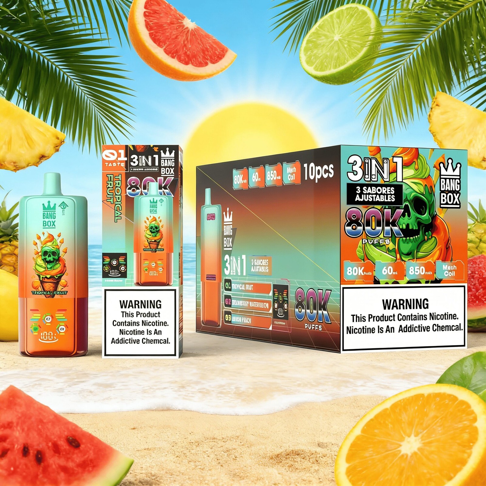 Bang Box 80000 80K Puffs 3 In 1 Flavors Rechargeable LED Display Disposable Vape in Tropical Fruit & Strawberry Watermelon & Lemon Peach flavor