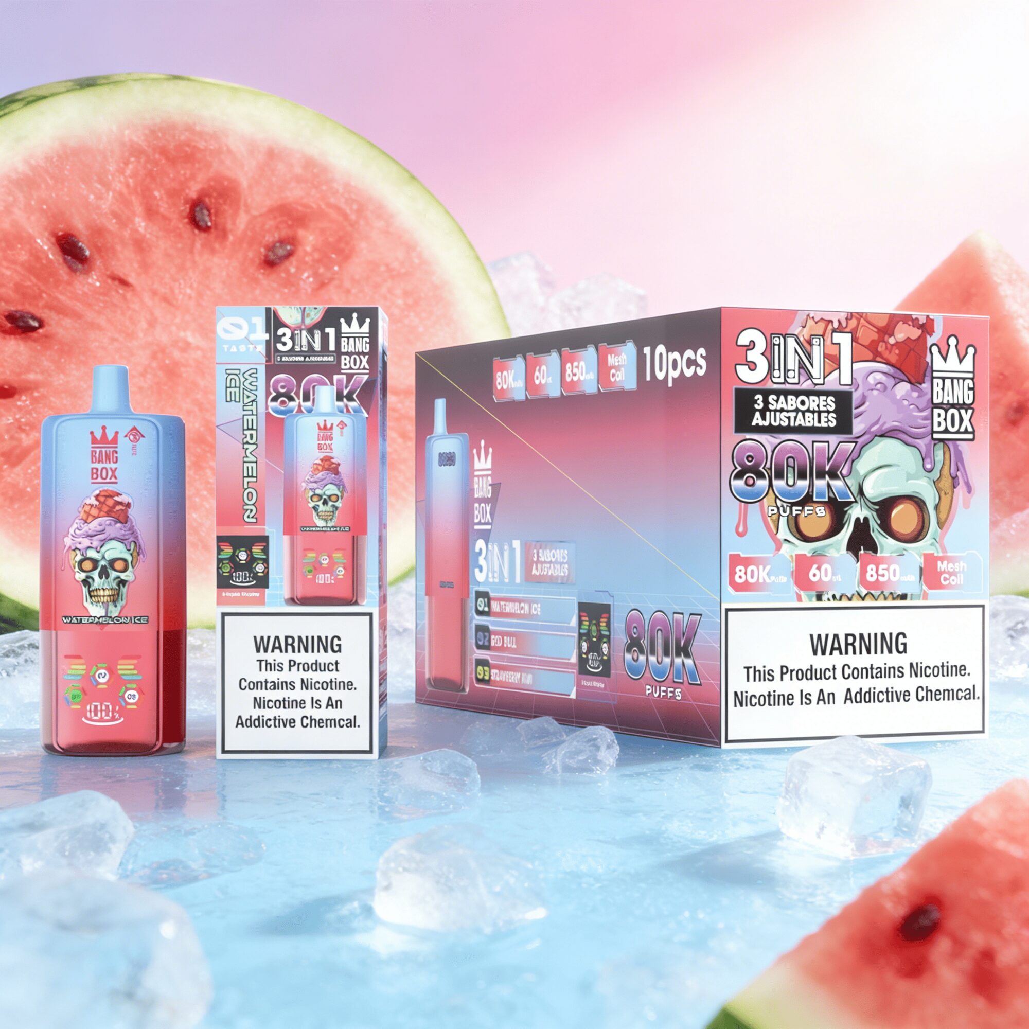 Bang Box 80000 80K Puffs 3 In 1 Flavors Rechargeable LED Display Disposable Vape in Watermelon Ice & Red Bull & Strawberry Kiwi flavor