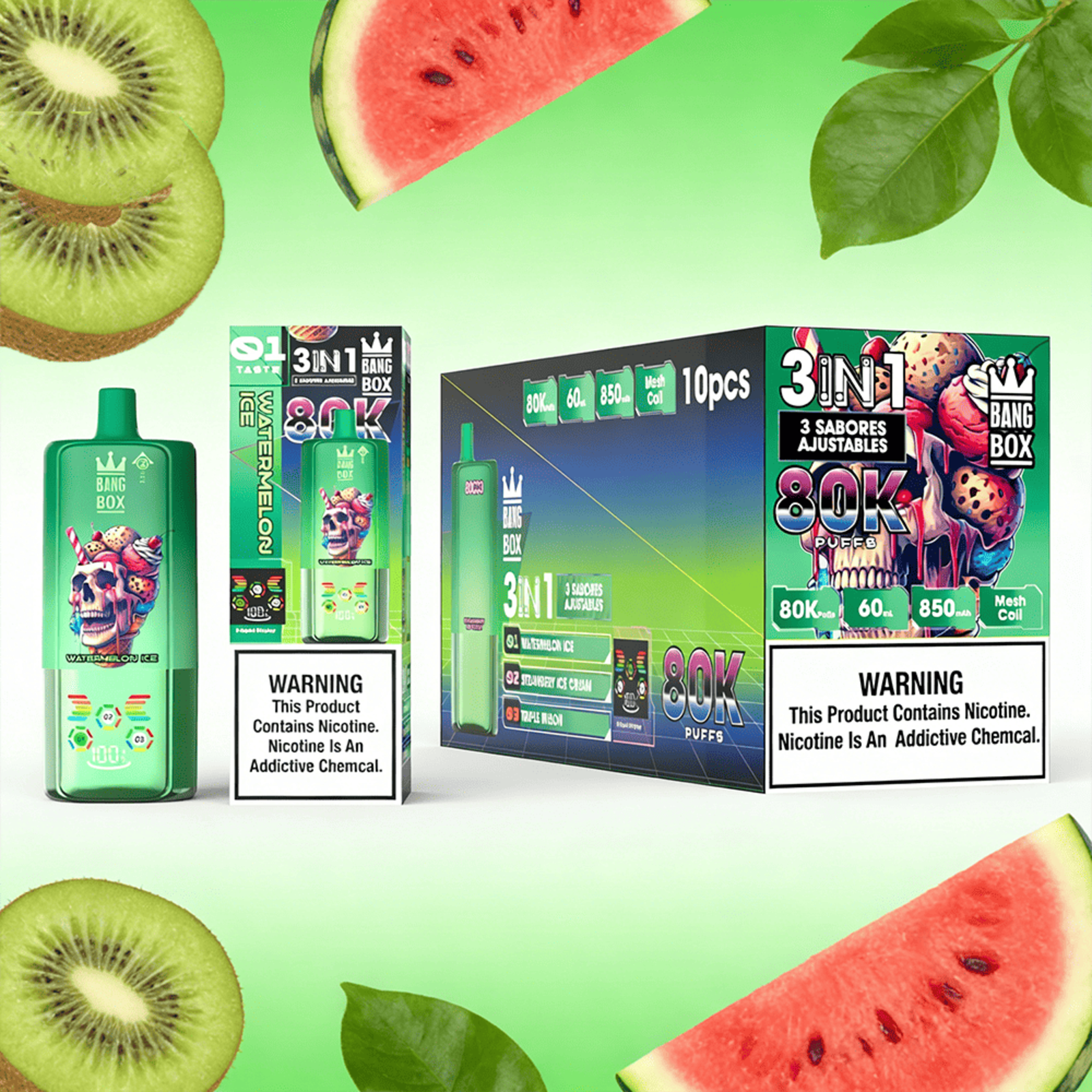 Bang Box 80000 80K Puffs 3 In 1 Flavors Rechargeable LED Display Disposable Vape in Watermelon Ice & Strawberry Ice Cream & Triple Melon flavor