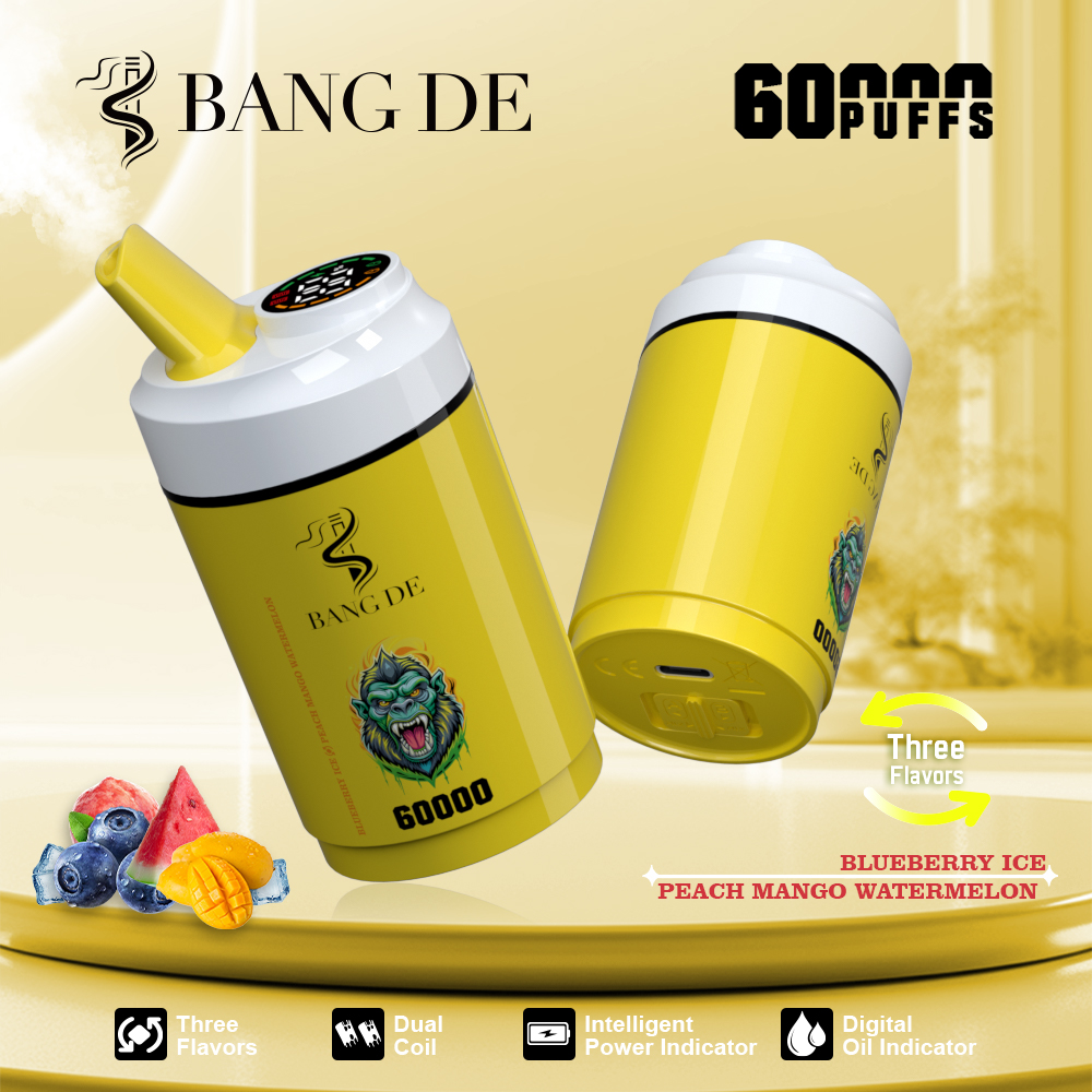 Bang DE 60000 60k Puffs 3 in 1 Flavors Rechargeable LCD Display Disposable Vape in Blueberry Ice & Peach Mango Watermelon flavor