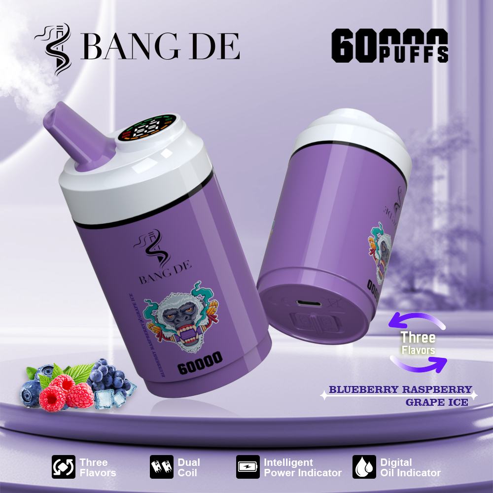 Bang DE 60000 60k Puffs 3 in 1 Flavors Rechargeable LCD Display Disposable Vape in Blueberry Raspberry & Grape Ice flavor