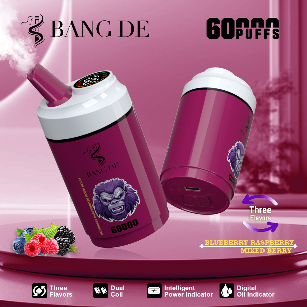 Bang DE 60000 60k Puffs 3 in 1 Flavors Rechargeable LCD Display Disposable Vape in Blueberry Raspberry & Mixed Berry flavor