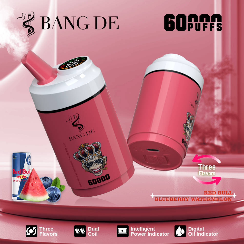 Bang DE 60000 60k Puffs 3 in 1 Flavors Rechargeable LCD Display Disposable Vape in Red Bull & Blueberry Watermelon flavor