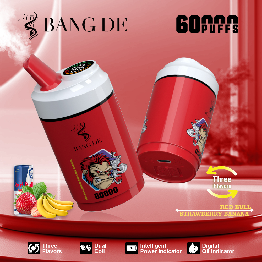Bang DE 60000 60k Puffs 3 in 1 Flavors Rechargeable LCD Display Disposable Vape in Red Bull & Strawberry Banana flavor