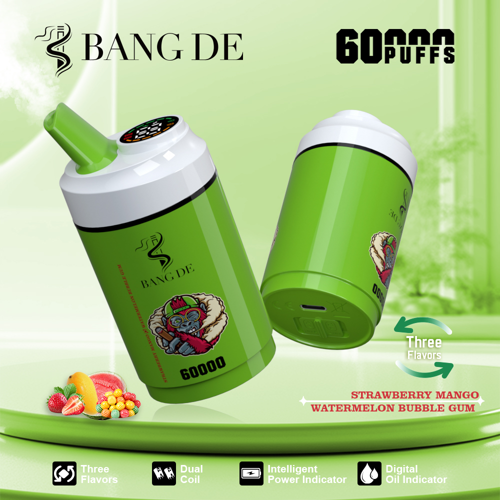 Bang DE 60000 60k Puffs 3 in 1 Flavors Rechargeable LCD Display Disposable Vape in Strawberry Mango & Watermelon Bubble Gum flavor