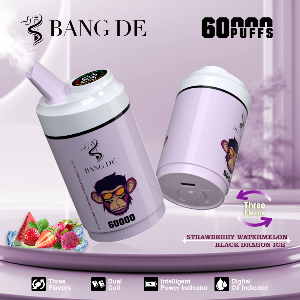 Bang DE 60000 60k Puffs 3 in 1 Flavors Rechargeable LCD Display Disposable Vape in Strawberry Watermelon & Black Dragon Ice flavor