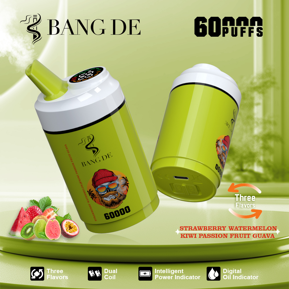 Bang DE 60000 60k Puffs 3 in 1 Flavors Rechargeable LCD Display Disposable Vape in Strawberry Watermelon & Kiwi Passion Fruit Guava flavor
