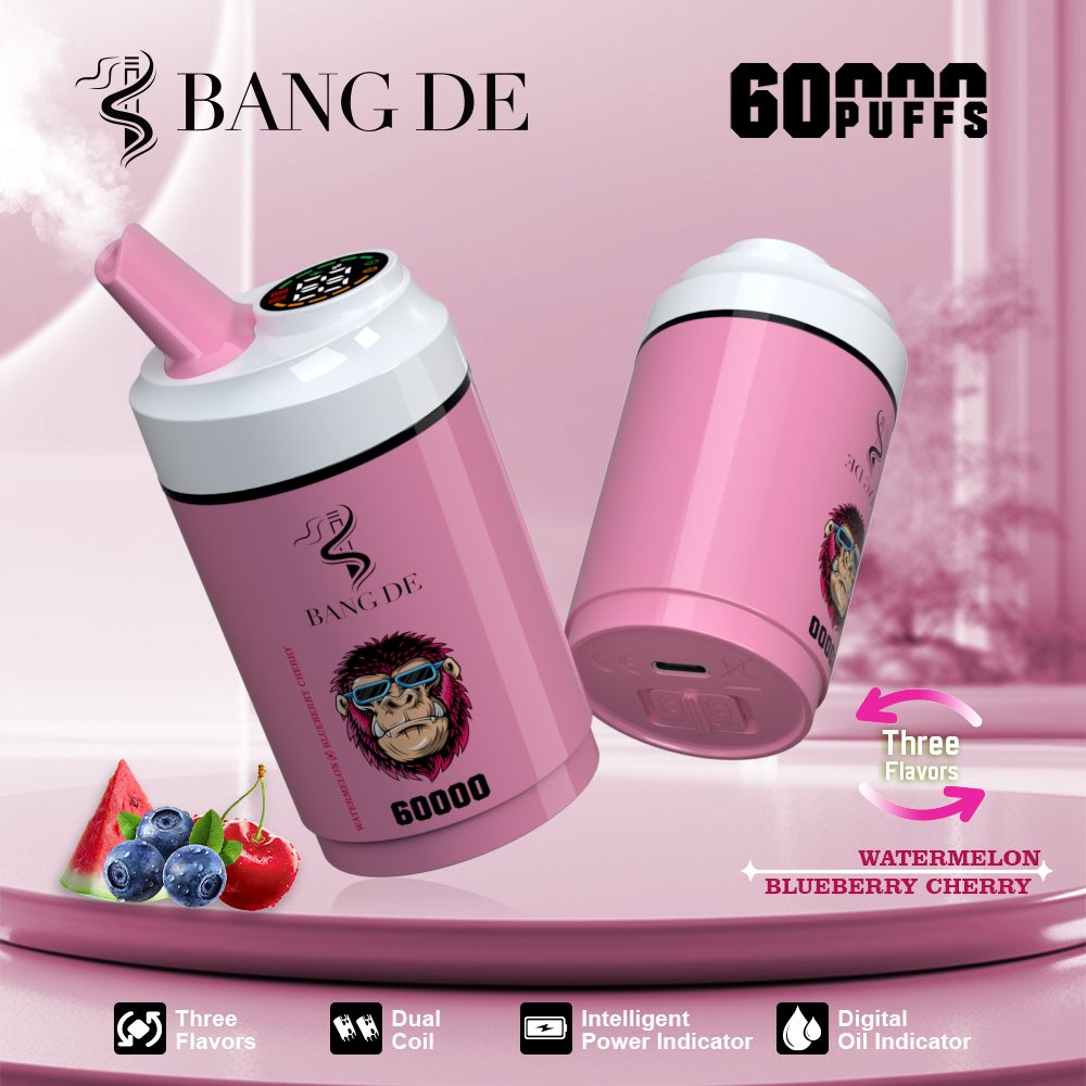 Bang DE 60000 60k Puffs 3 in 1 Flavors Rechargeable LCD Display Disposable Vape in Watermelon Ice & Blueberry Cherry flavor