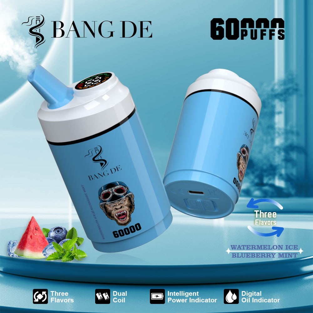 Bang DE 60000 60k Puffs 3 in 1 Flavors Rechargeable LCD Display Disposable Vape in Watermelon Ice & Blueberry Mint flavor