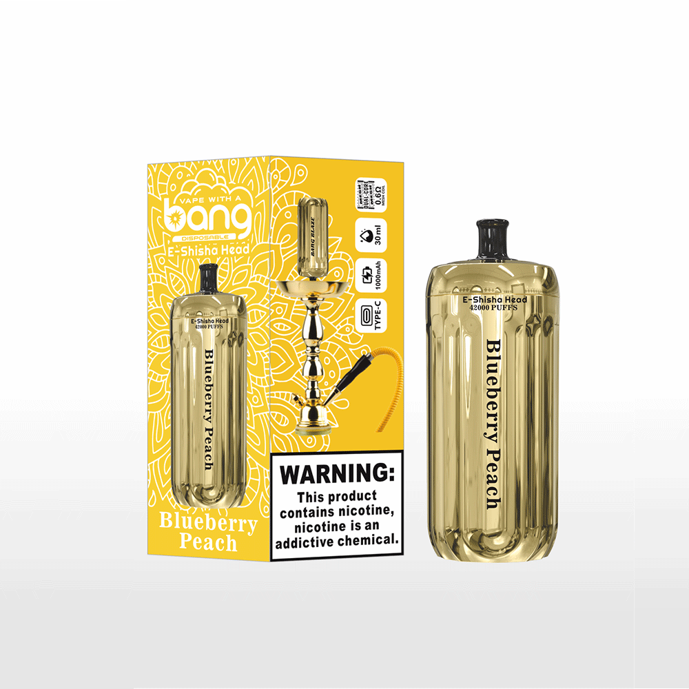 Bang E-Shisha Head 42000 42K Puffs Gold LED Display Disposable Vape in Blueberry Peach flavor