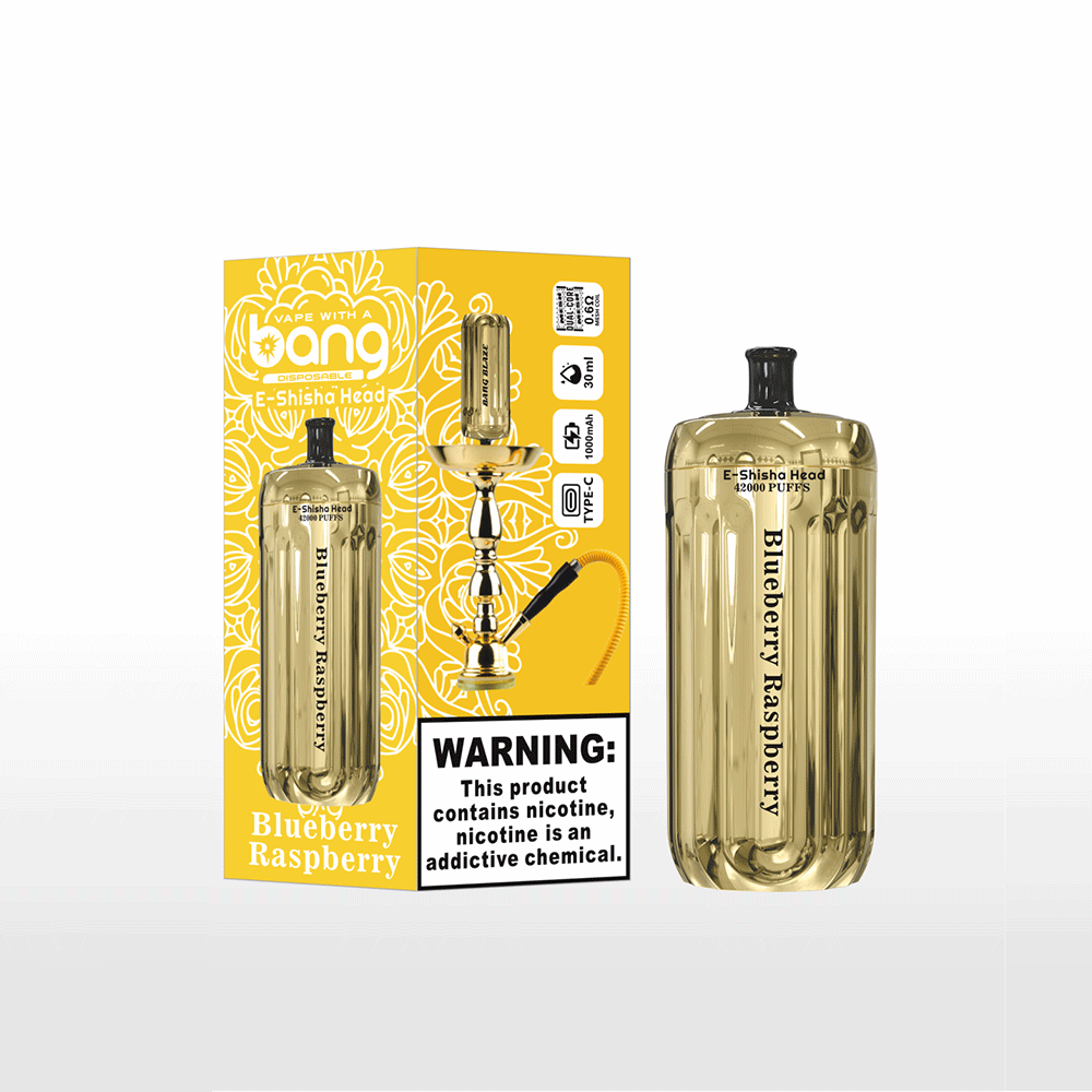 Bang E-Shisha Head 42000 42K Puffs Gold LED Display Disposable Vape in Blueberry Raspberry flavor
