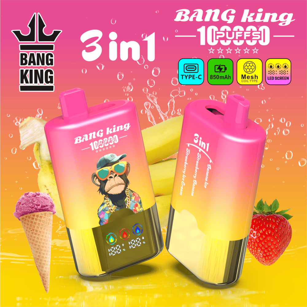 Bang King 100000 100K Puffs 3 In 1 Flavors Rechargeable LED Display Disposable Vape in Banana Ice / Strawberry Banana / Strawberry Ice Cream flavor
