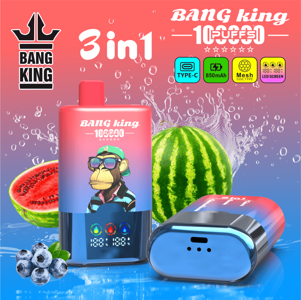 Bang King 100000 100K Puffs 3 In 1 Flavors Rechargeable LED Display Disposable Vape in Blueberry / Watermelon / Blueberry Watermelon flavor
