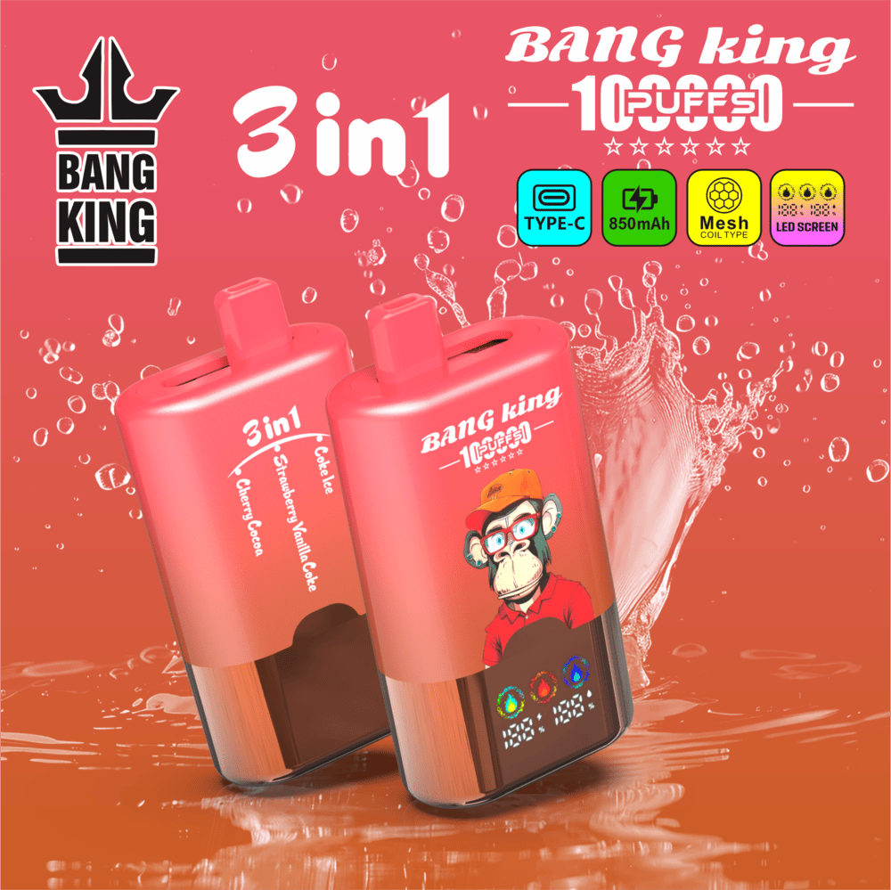 Bang King 100000 100K Puffs 3 In 1 Flavors Rechargeable LED Display Disposable Vape in Coke Ice / Strawberry Vanilla Coke / Cherry Cocoa flavor