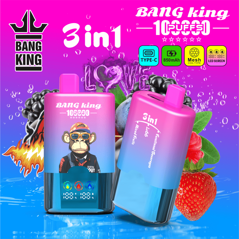 Bang King 100000 100K Puffs 3 In 1 Flavors Rechargeable LED Display Disposable Vape in Functional Beverages / Love 66 / Mixed Fruits flavor