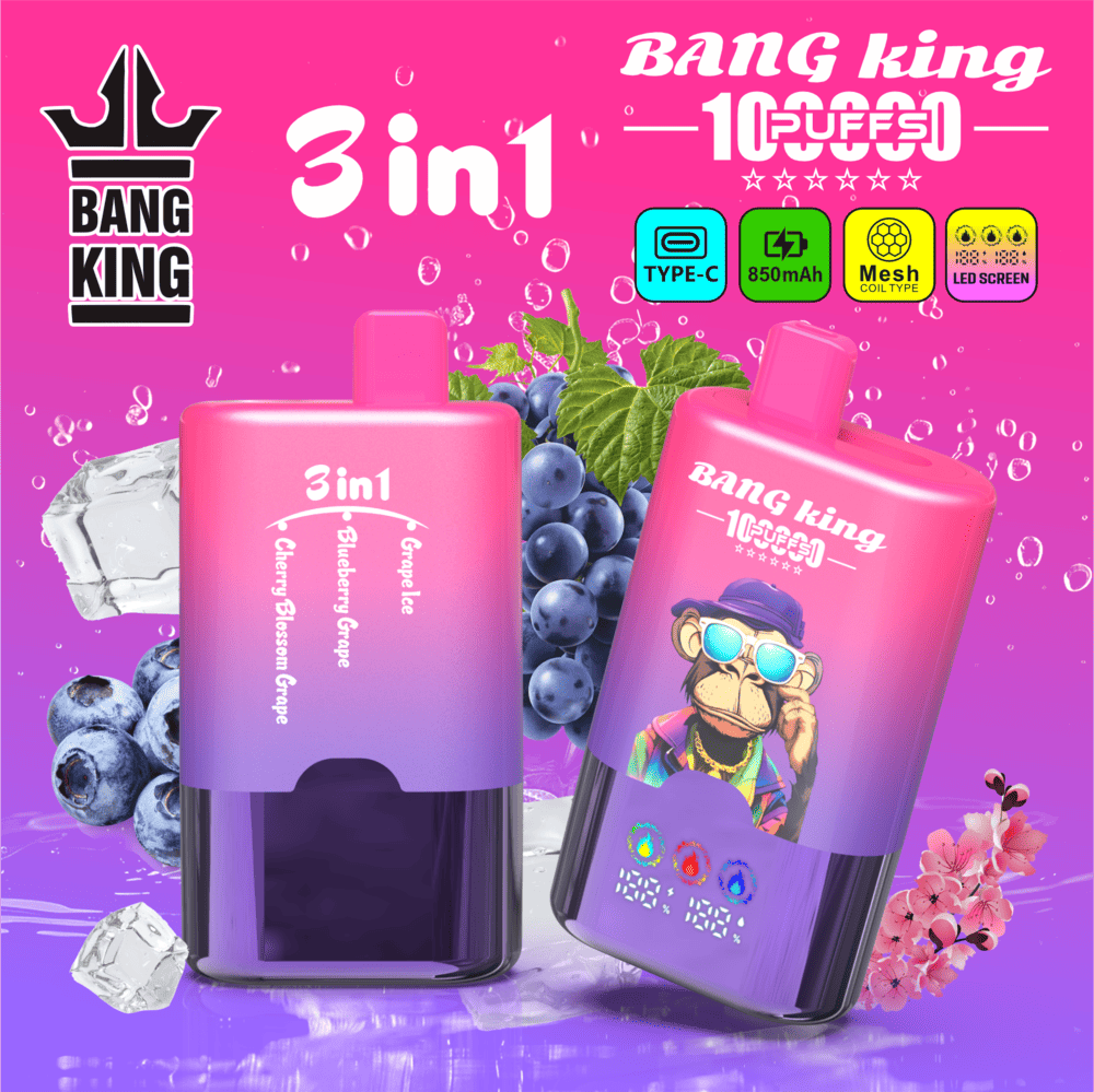 Bang King 100000 100K Puffs 3 In 1 Flavors Rechargeable LED Display Disposable Vape in Grape Ice / Blueberry Grape / Cherry Blossom Grape flavor
