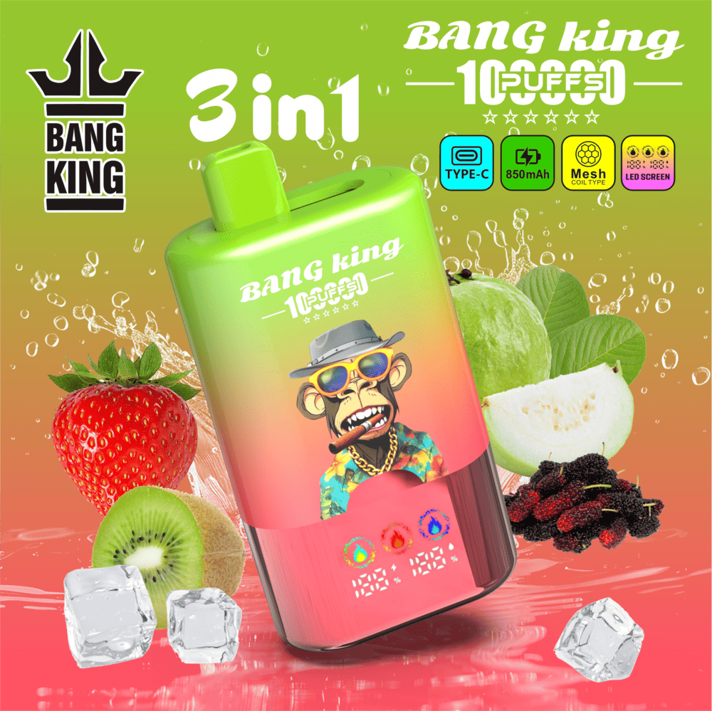 Bang King 100000 100K Puffs 3 In 1 Flavors Rechargeable LED Display Disposable Vape in Strawberry Kiwi / Kiwi Guava / Black Dragon Ice flavor
