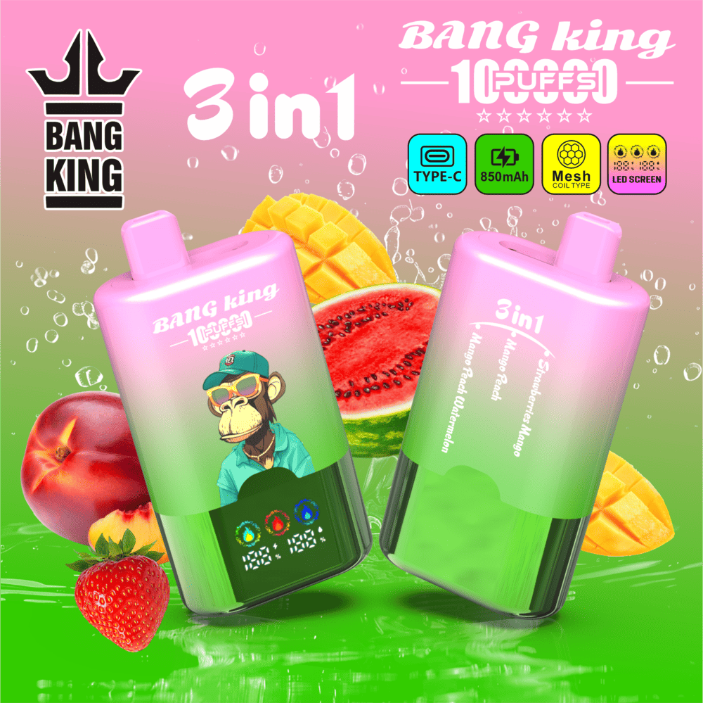 Bang King 100000 100K Puffs 3 In 1 Flavors Rechargeable LED Display Disposable Vape in Strawberry Mango / Mango Peach / Mango Peach Watermelon flavor