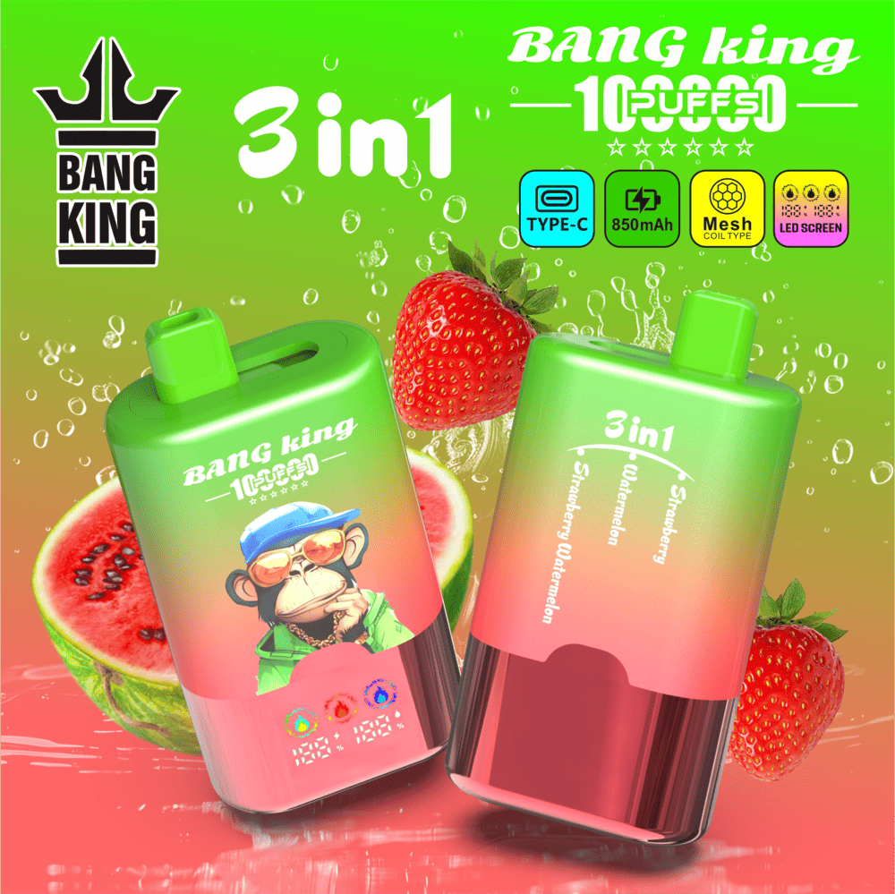 Bang King 100000 100K Puffs 3 In 1 Flavors Rechargeable LED Display Disposable Vape in Strawberry / Watermelon / Strawberry Watermelon flavor