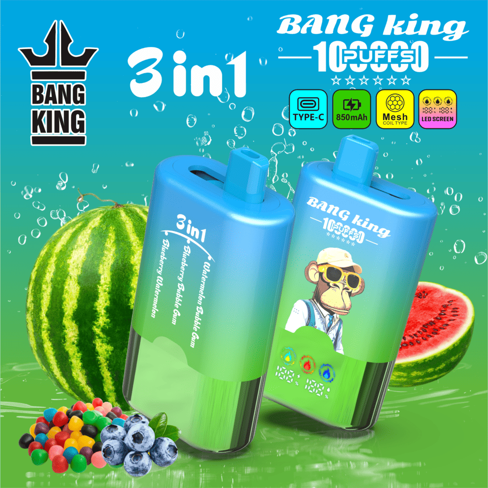 Bang King 100000 100K Puffs 3 In 1 Flavors Rechargeable LED Display Disposable Vape in Watermelon Bubblegum / Blueberry Bubblegum / Blueberry Watermelon