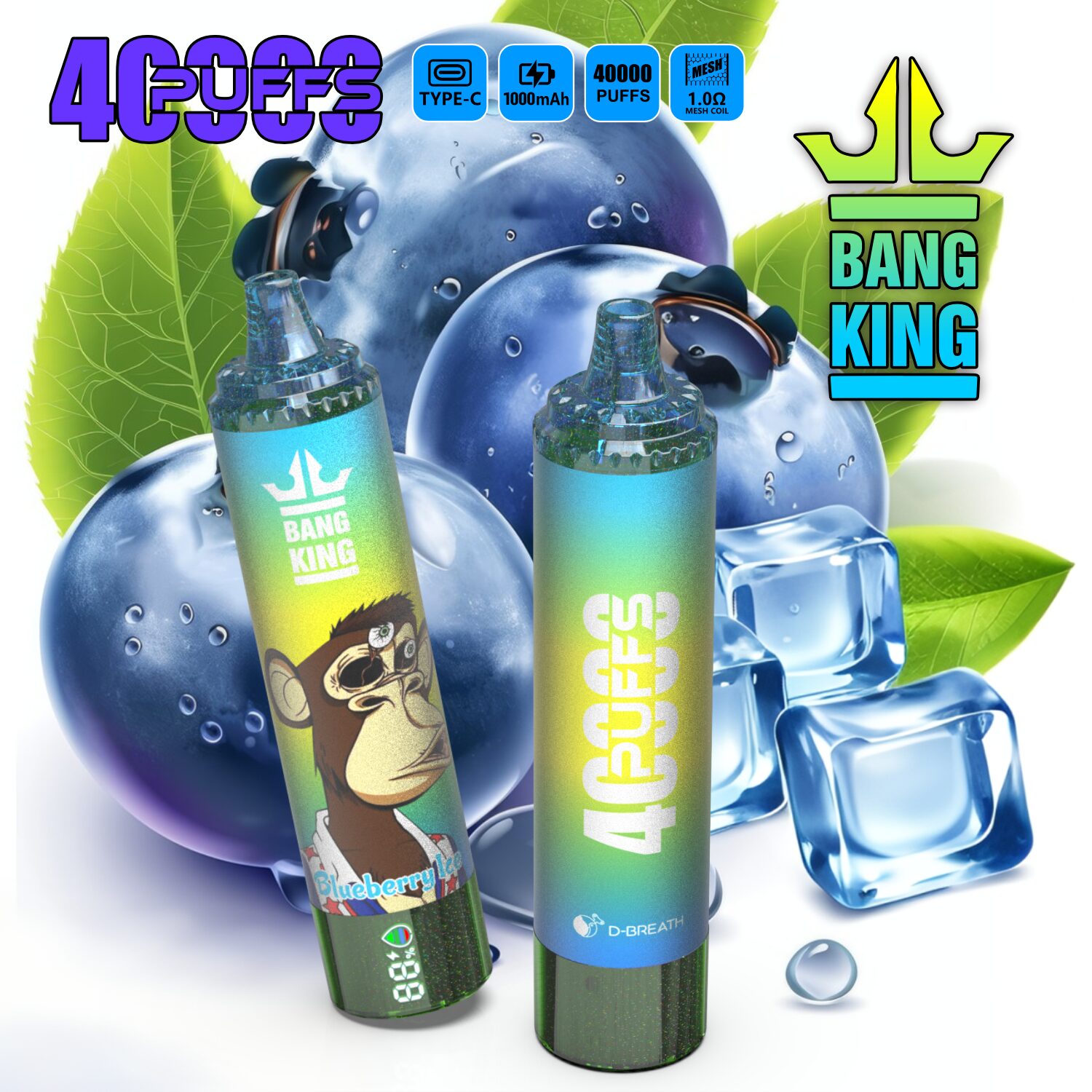 Bang King Tornado 40000 40K Puffs LED Display Edition Disposable in Blueberry Ice flavor