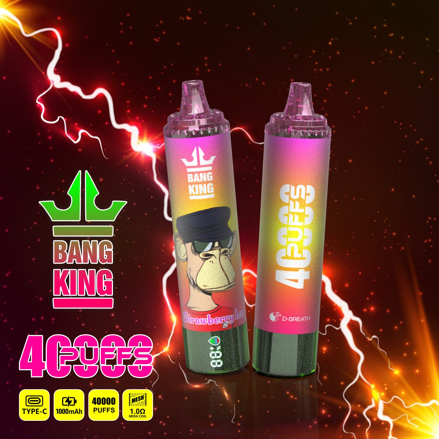 Bang King Tornado 40000 40K Puffs LED Display Edition Disposable in Strawberry Ice flavor